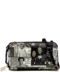 Magazine Cover Collage Crossbody Wallet Cell Phone Purse OA029 GRAY/BLACK